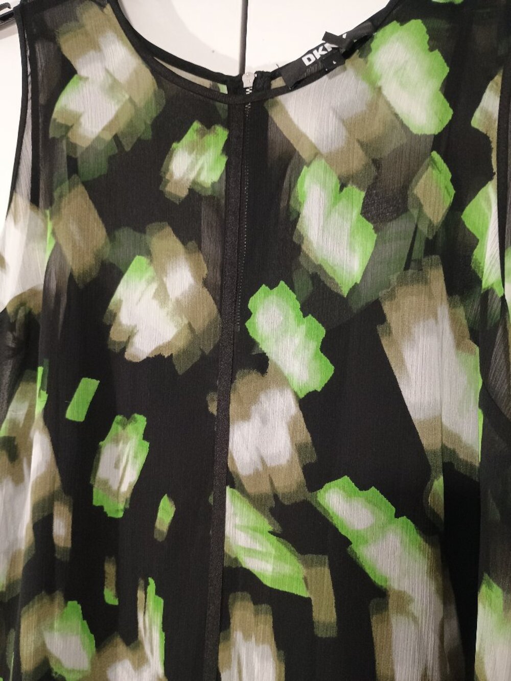DKNY Size Large Black Green Abstract Sleeveless Sheer Overlay Midi Maxi Dress - Picture 5 of 10